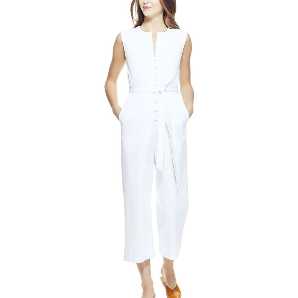 Lela Rose White Sleeveless Button-Front Tie-Waist Jumpsuit